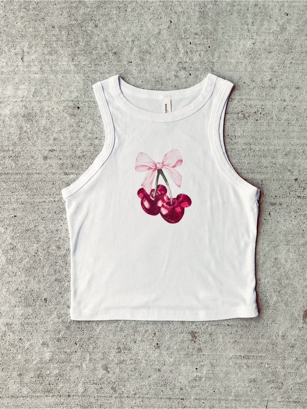 Bella Canvas White Cherry Mickey Mouse Ears Baby Pink Bow Tank/Graphic Tee